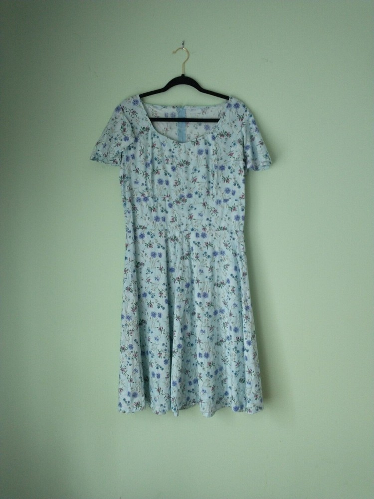Vintage Womens Handmade Midi Dress Size Large XL Blue Floral Cottage Prairie